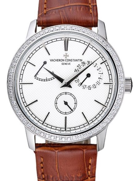 Vacheron Constantin Patrimony Power Reserve White Dial Silver Diamond Case Brown Leather Bracelet  1454266