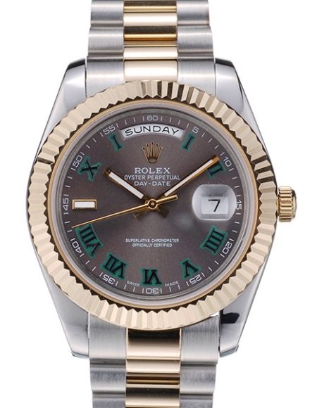 Rolex Swiss DayDate Gold Stainless Steel Ribbed Bezel Grey Dial 41909