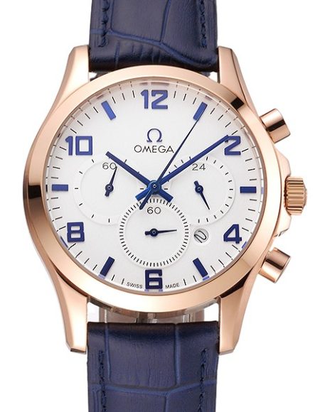 Omega Chronograph White Dial Rose Gold Case Blue Leather Strap