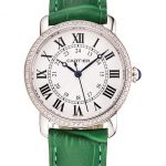 Cartier Ronde White Dial Diamond Bezel Stainless Steel Case Green Leather Strap