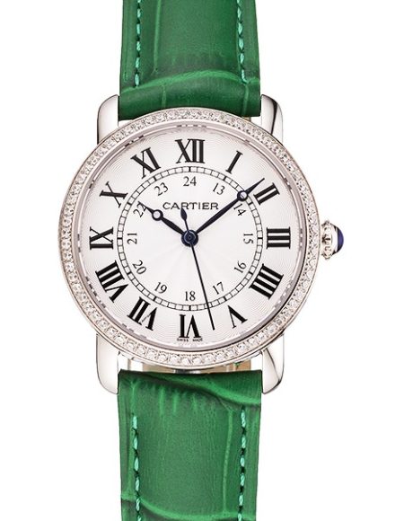 Cartier Ronde White Dial Diamond Bezel Stainless Steel Case Green Leather Strap
