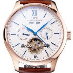 IWC Portofino Tourbillon White Dial Blue Markings Rose Gold Case Brown Leather Strap
