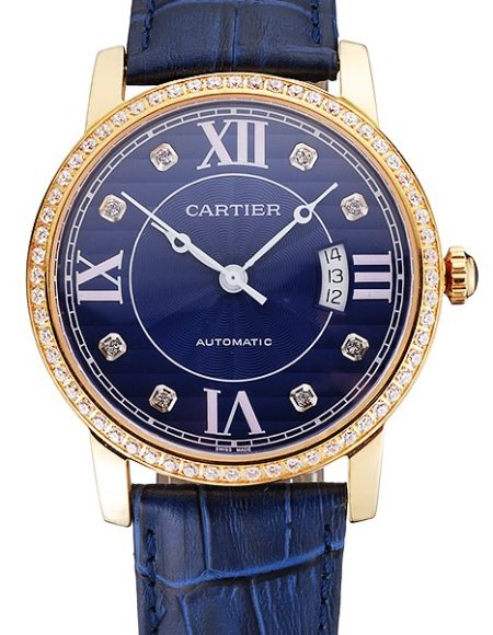Swiss Cartier Ronde Solo Blue Dial Gold Diamond Case Blue Leather Strap
