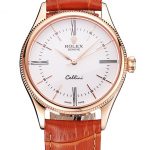 Swiss Rolex Cellini White Dial Roman Numerals Rose Gold Case Light Brown Leather Strap