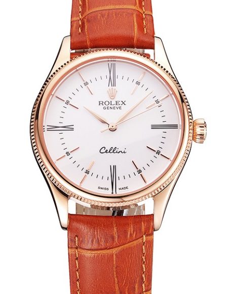 Swiss Rolex Cellini White Dial Roman Numerals Rose Gold Case Light Brown Leather Strap