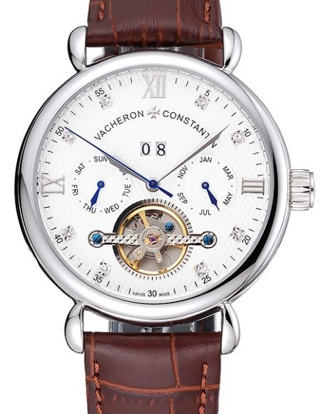 Vacheron Constantin Traditionnelle Tourbillon White Dial Diamond Numerals Brown Leather Bracelet 1454064