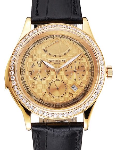 Swiss Patek Philippe Grand Complications Power Reserve Gold Dial And Case Diamond Bezel Black Leather Strap