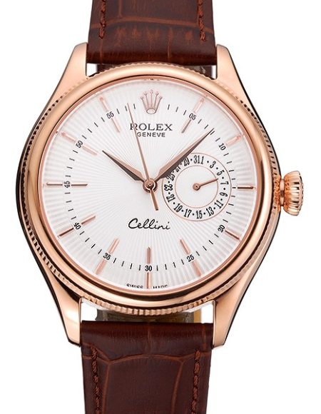 Rolex Cellini White Rose Dial Gold Case Brown Leather Bracelet  622725
