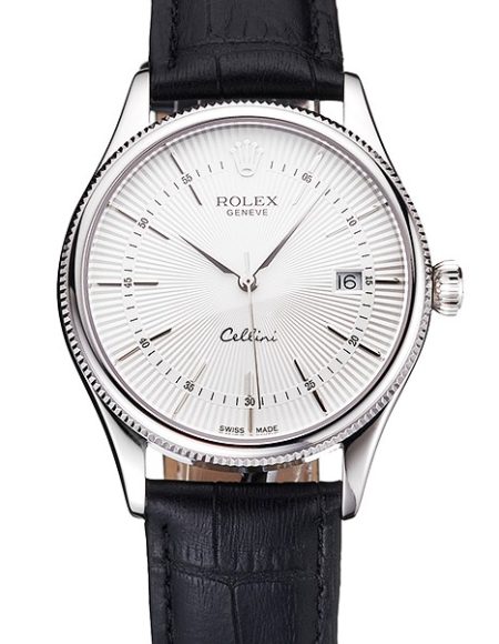 Swiss Rolex Cellini Date White Dial Stainless Steel Case Black Leather Strap