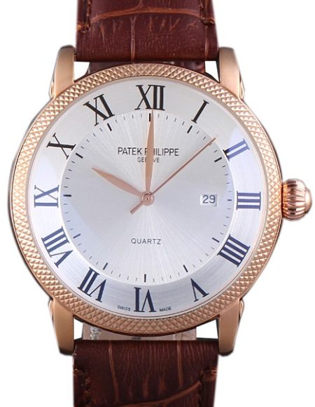 Patek Philipe Calatrava Roze Gold Ribbed Bezel Brown Leather Bracelet 801434