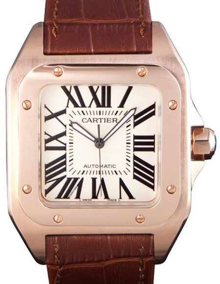 Swiss Cartier Santos Rose Gold with Brown Leather Strap  621522