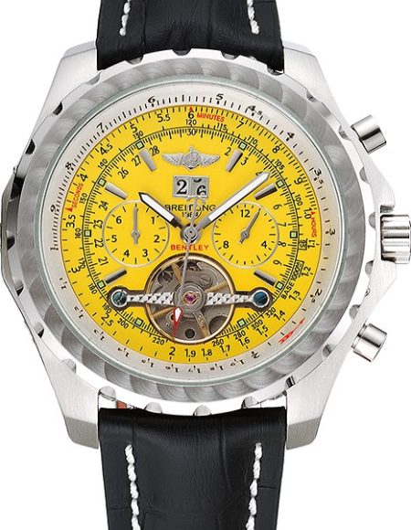 Breitling Bentley Mulliner Tourbillon Yellow Dial Stainless Steel Case Black Leather Strap  622730
