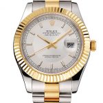 Swiss Rolex Datejust White Dial Gold Bezel Stainless Steel Case Two Tone Gold Bracelet