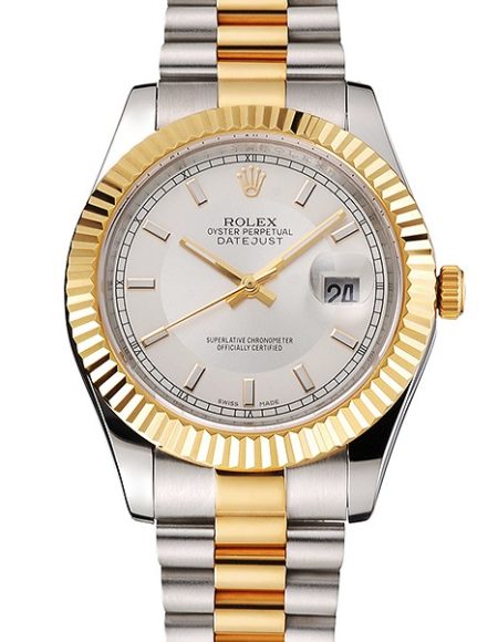 Swiss Rolex Datejust White Dial Gold Bezel Stainless Steel Case Two Tone Gold Bracelet