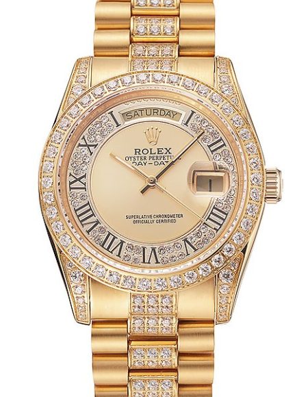 Swiss Rolex Day-Date Diamond Pave Gold Dial Gold Diamond Bracelet 1453954