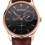 Swiss Jaeger LeCoultre Master Ultra Thin Reserve De Marche Black Dial Rose Gold Case Brown Leather Strap
