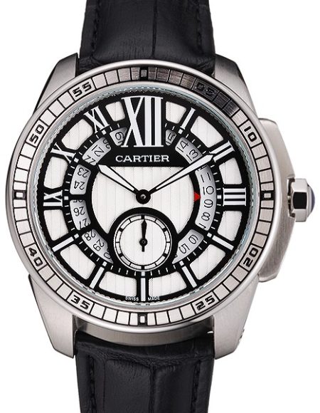 Cartier Calibre De Cartier Small Seconds Black And White Dial Stainless Steel Case Black Leather Strap