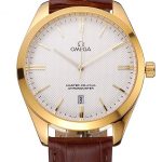 Omega Tresor Master Co-Axial White Dial Gold Case Brown Leather Strap