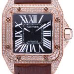 Swiss Cartier Santos Black Dial Diamonds Case Brown Leather Bracelet  622550