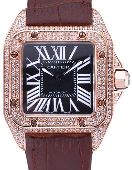 Swiss Cartier Santos Black Dial Diamonds Case Brown Leather Bracelet  622550