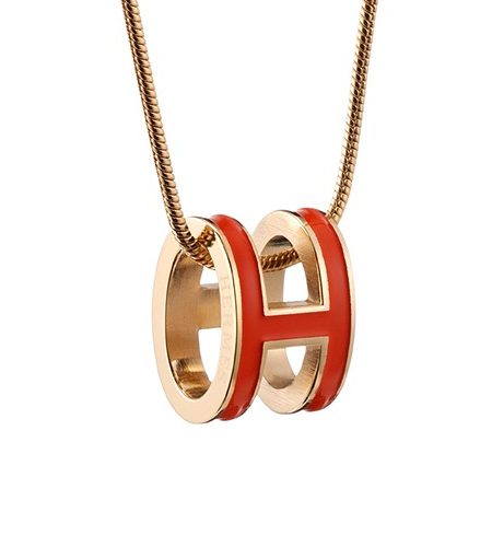 Hermes Pop H Orange Enamel Gold Handware Necklace 700619