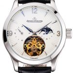 Jaeger LeCoultre Master Moonphase Tourbillon White Dial Stainless Steel Case Black Leather Strap