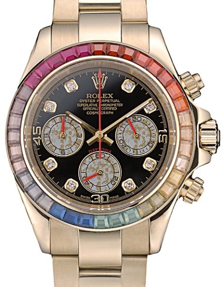 Rolex Daytona Cosmograph Rainbow Crystals Bezel Rose Gold Strap Black Dial 80251