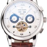Patek Philippe Perpetual Calendar Tourbillon White Dial Stainless Steel Case Brown Leather Strap