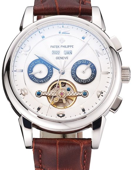Patek Philippe Perpetual Calendar Tourbillon White Dial Stainless Steel Case Brown Leather Strap