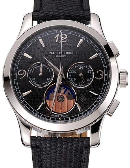 Patek Philippe Chronograph Black Guilloche Dial Stainless Steel Case Black Leather Strap