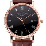 Patek Philippe Calatrava Black Dial Roman Numerals Ribbed Bezel Rose Gold Case Brown Leather Strap