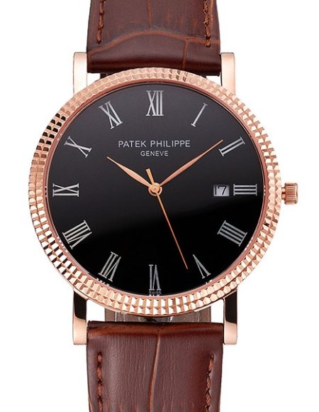 Patek Philippe Calatrava Black Dial Roman Numerals Ribbed Bezel Rose Gold Case Brown Leather Strap