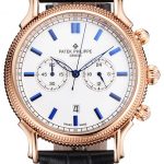 Patek Philippe Chronograph White Dial Blue Markings Rose Gold Case Black Leather Strap