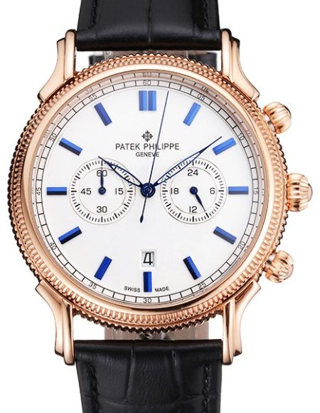Patek Philippe Chronograph White Dial Blue Markings Rose Gold Case Black Leather Strap