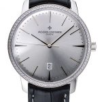 Swiss Vacheron Constantin Patrimony White Dial Silver Diamonds Case Black Leather Bracelet 1454162