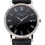 Patek Philippe Calatrava Black Dial Roman Numerals Ribbed Bezel Stainless Steel Case Black Leather Strap
