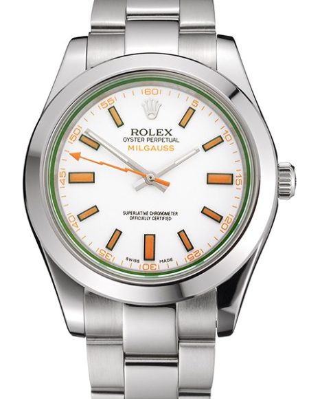 Swiss Rolex Milgauss White Dial Orange Markings Stainless Steel Case And Bracelet