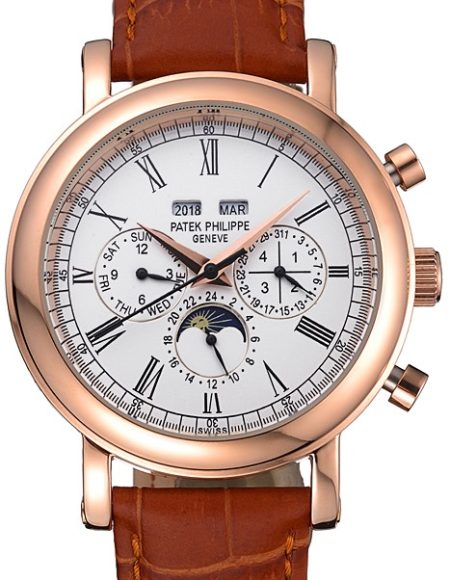 Patek Philippe Grand Complications Perpetual Calendar White Dial Brown Leather Bracelet