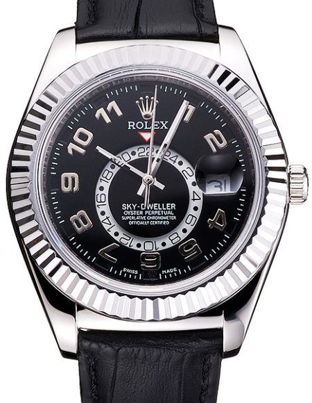 Rolex Sky Dweller Black Dial Stainless Steel Case Black Leather Strap