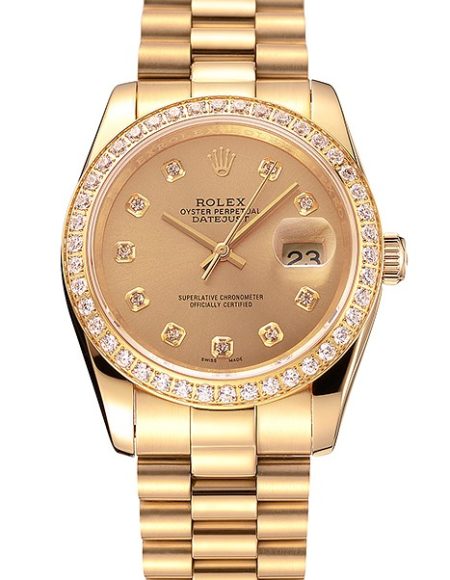 Swiss Rolex Datejust Champagne Dial Diamond Bezel Gold Bracelet 1454097