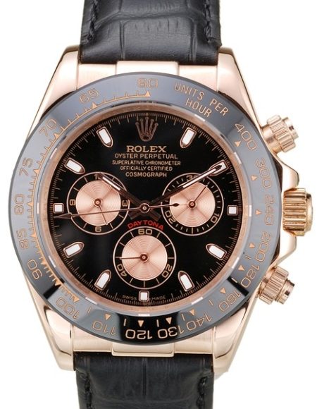 Rolex Daytona Rose Gold Case Black Dial Black Leather Strap