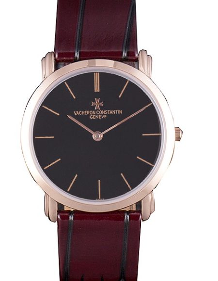 Vacheron Constantin Patrimony Black Dial Rose Gold Case Rich Maroon Leather Bracelet