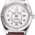Rolex Sky Dweller White Dial Stainless Steel Case Brown Leather Strap