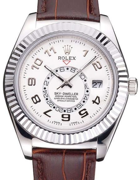Rolex Sky Dweller White Dial Stainless Steel Case Brown Leather Strap