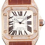 Swiss Cartier Santos Rose Gold Bezel with Diamonds and Brown Leather Strap sct46  621530