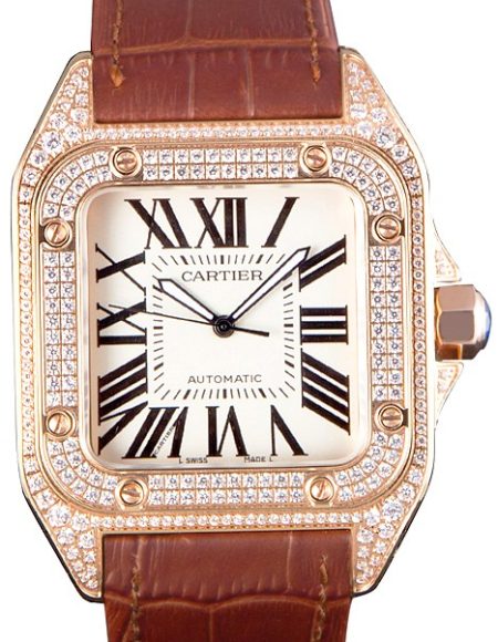 Swiss Cartier Santos Rose Gold Bezel with Diamonds and Brown Leather Strap sct46  621530