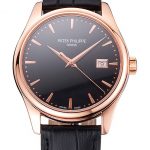 Swiss Patek Philippe Calatrava Black Dial Rose Gold Case Black Leather Strap
