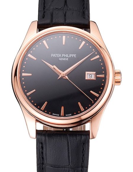 Swiss Patek Philippe Calatrava Black Dial Rose Gold Case Black Leather Strap
