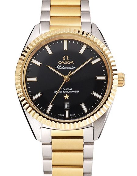 Omega Globemaster Black Dial Stainless Steel Case Gold Bezel Two Tone Bracelet