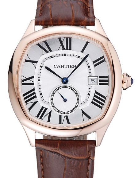 Cartier Drive De Cartier White Dial Gold Case Brown Leather Bracelet 1454213